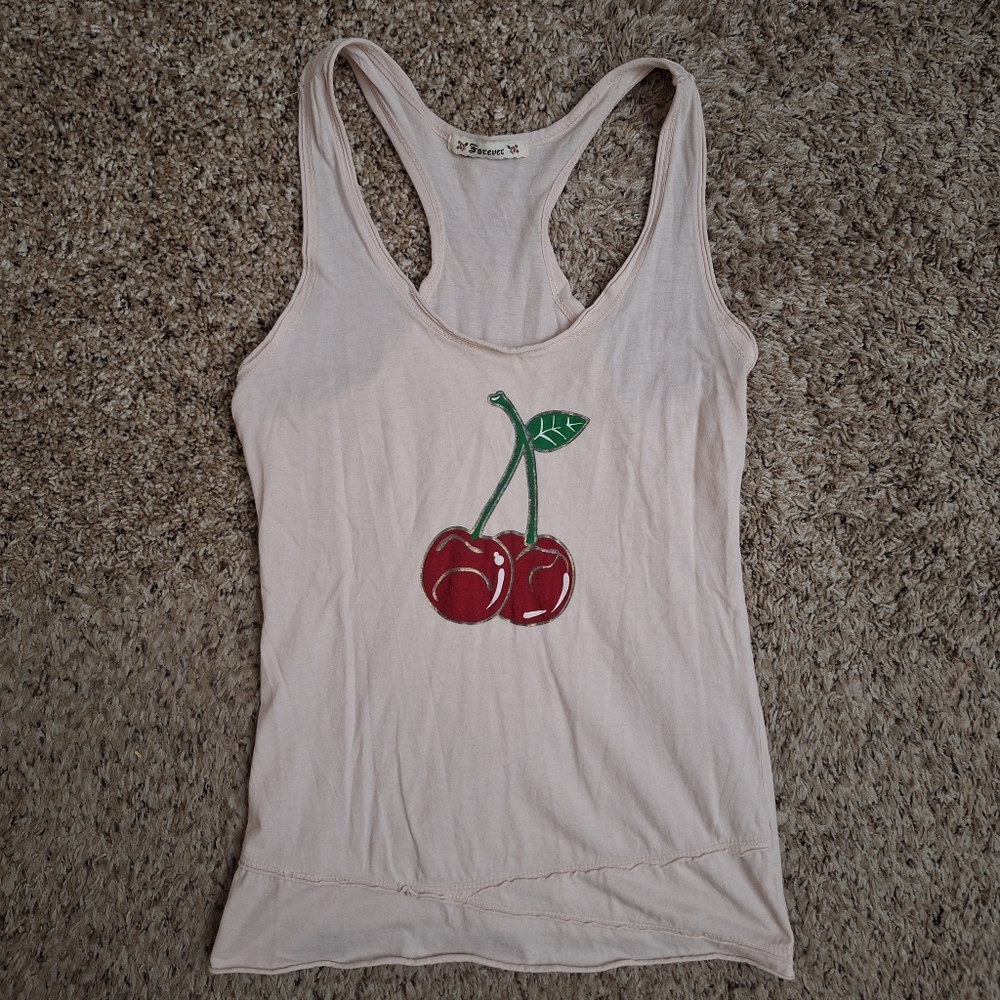 Vintage Y2K Forever Pink Cherry Graphic Racerback Tank S